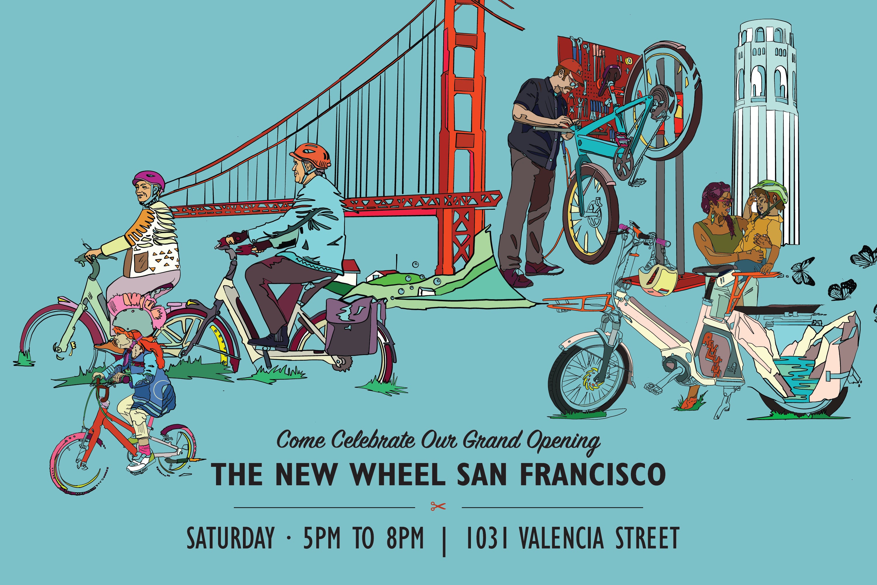 Promotional poster for The New Wheel San Francisco grand opening with people on bicycles and a bridge in the background.