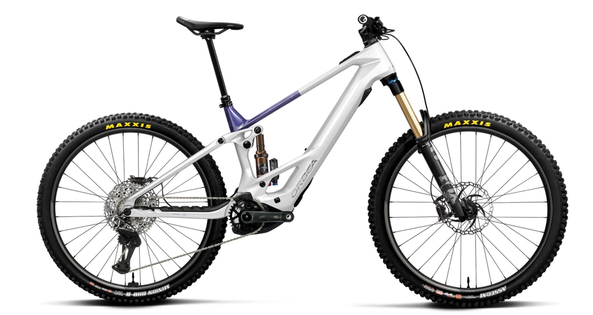 Orbea Wild TR M-Team carbon electric mountain bike in White Chic - Tanzanite, side profile