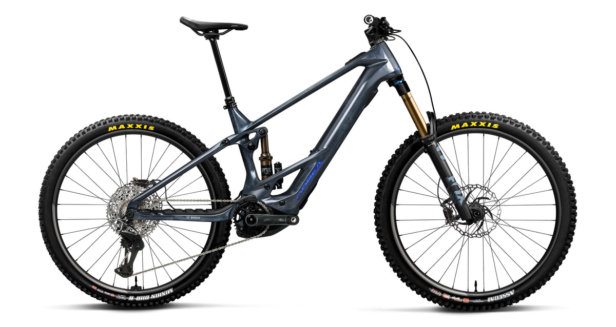 Orbea Wild TR M-Team electric mountain bike in Fuel Carbon View - Titan Blue, side profile