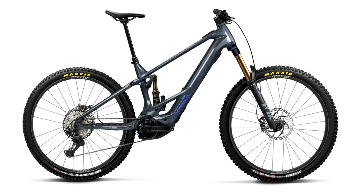 Orbea Wild TR M10 carbon electric mountain bike in Fuel Carbon View - Titan Blue, side profile