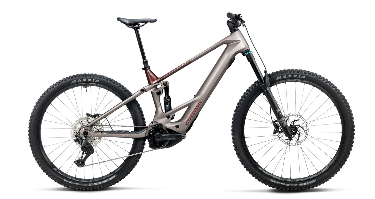 Orbea Wild TR M20 carbon electric mountain bike in Burning Ashes Carbon View, side profile