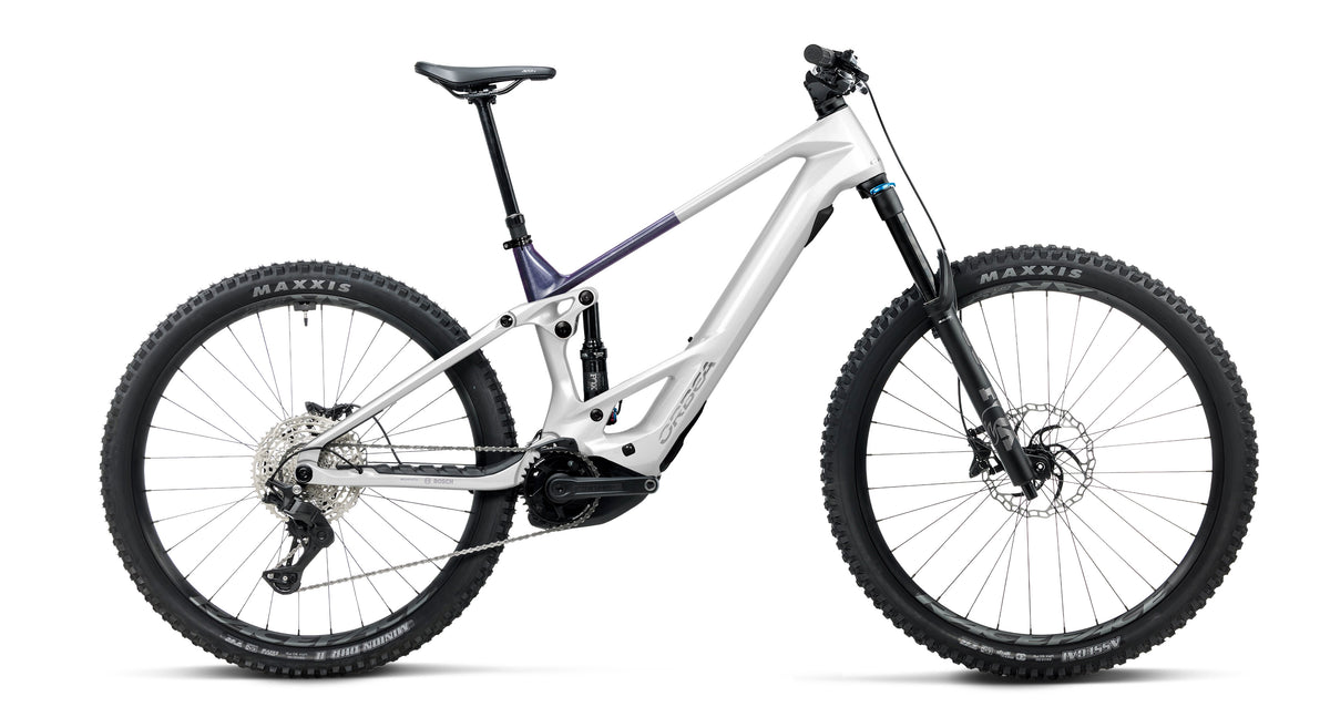 Orbea Wild TR M20 carbon electric mountain bike in White Chic - Tanzanite, side profile