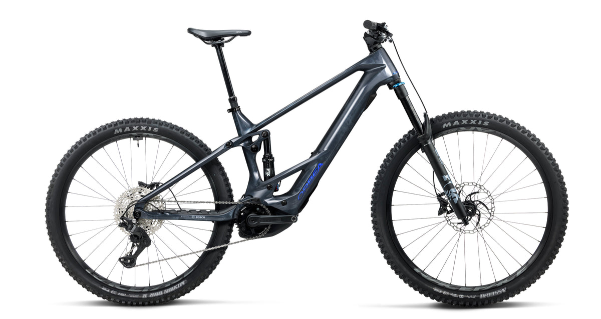 Orbea Wild TR M20 carbon electric mountain bike in Fuel Carbon View - Titan Blue, side profile
